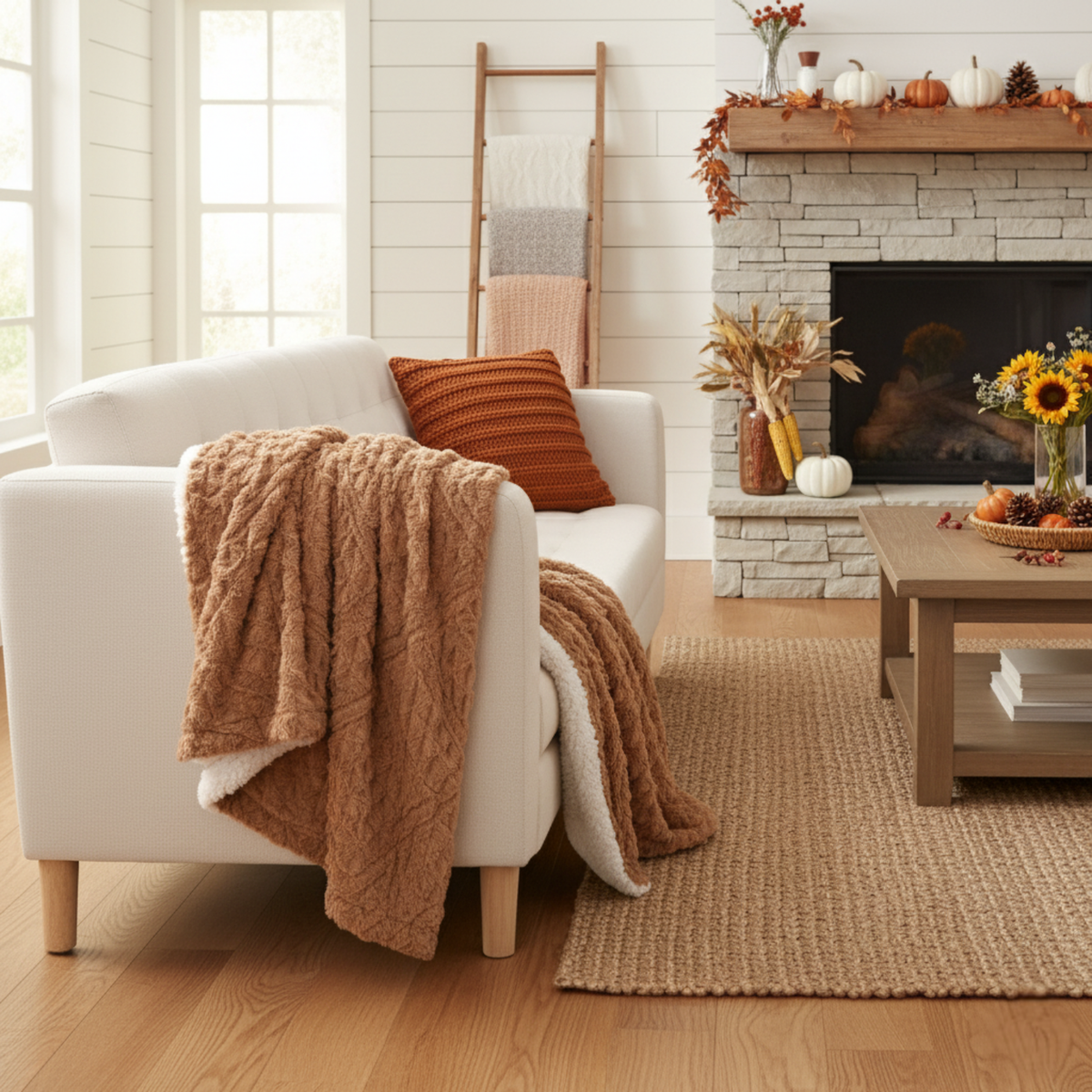 Caramel Chevron Faux Fur & Sherpa Throw Blanket