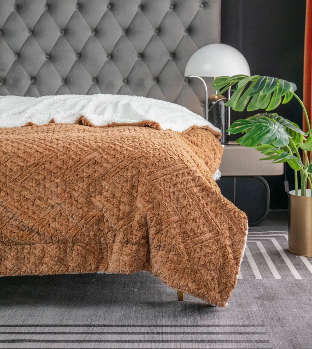 Caramel Chevron Faux Fur & Sherpa Throw Blanket