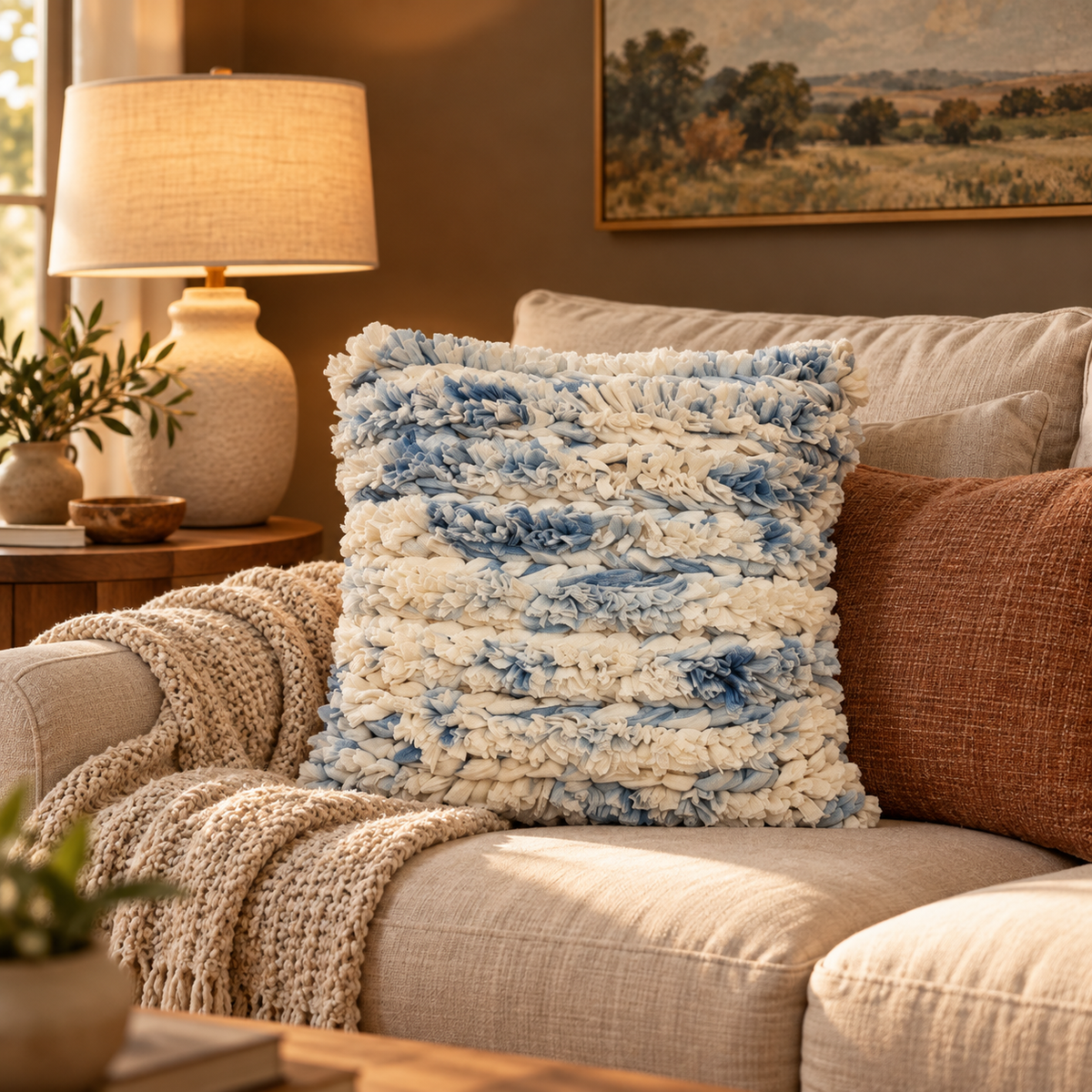 Blue & Ivory Plush Textured Throw Pillow – 22″