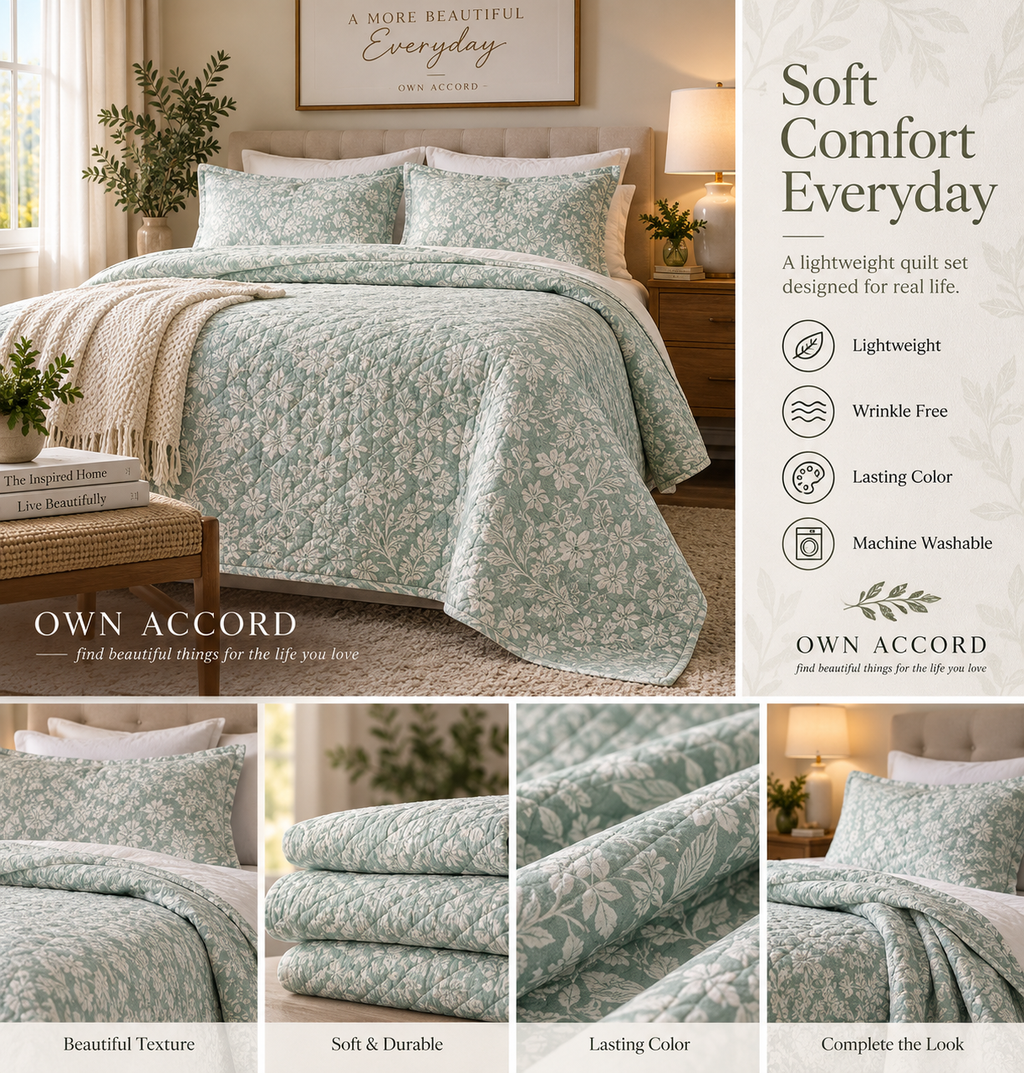 Green Botanical Reversible Quilt Set