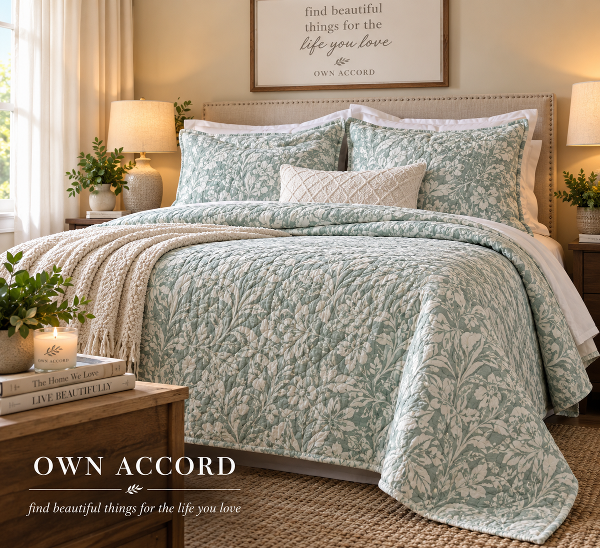 Green Botanical Reversible Quilt Set