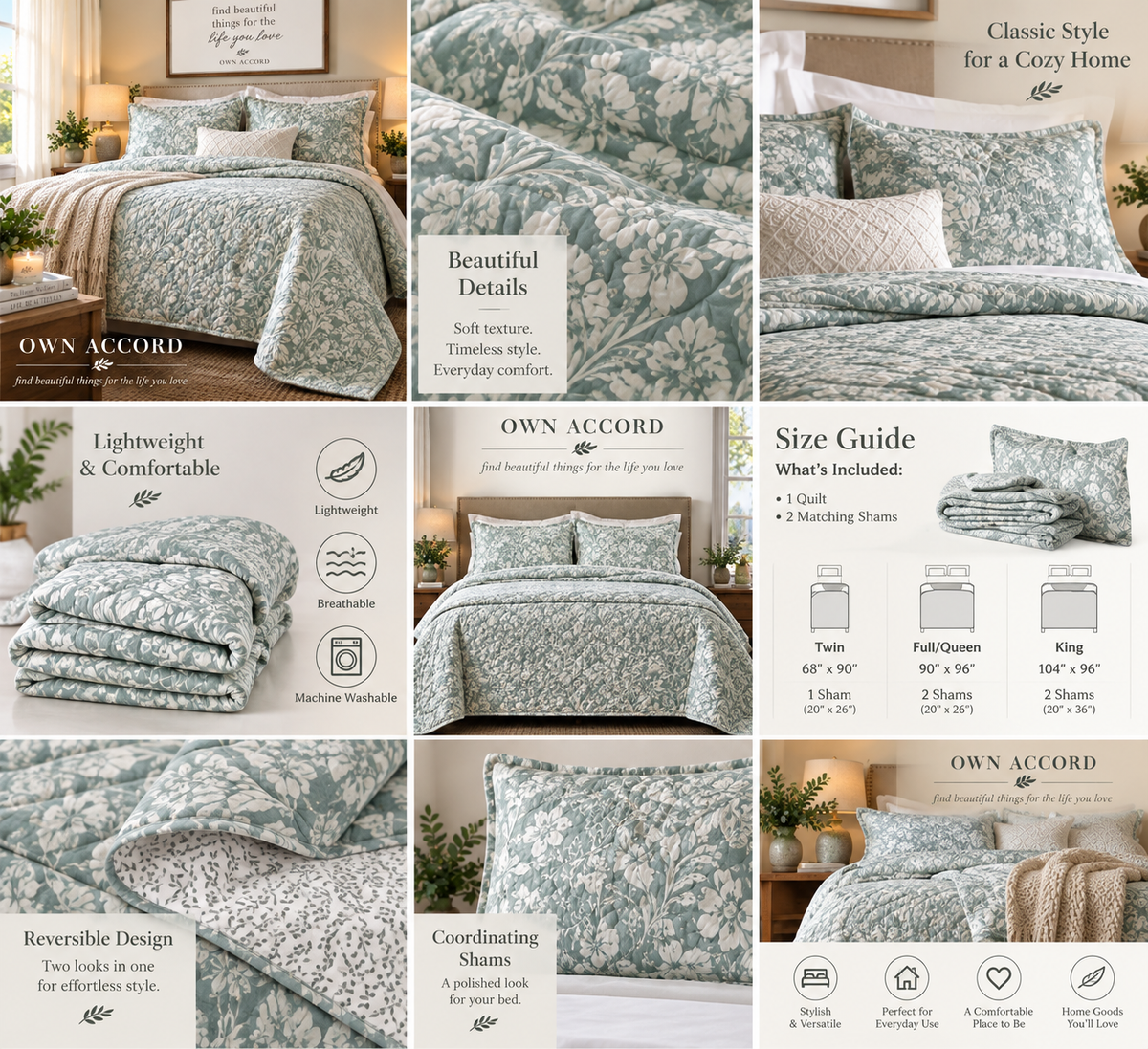 Green Botanical Reversible Quilt Set