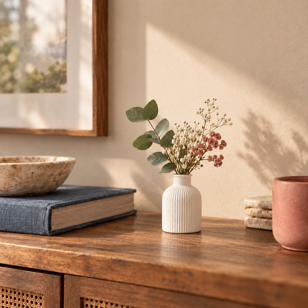 Small white ribbed gypsum bottle vase with flowers on a warm wooden console 