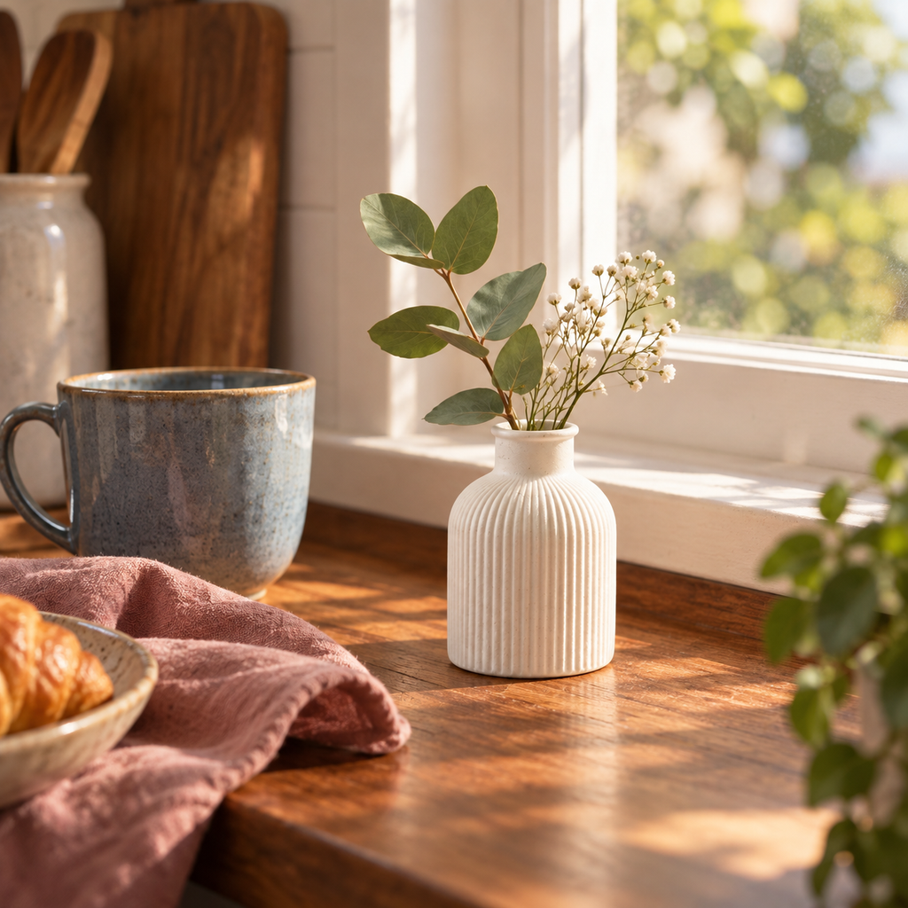 Small white ribbed gypsum vase with greenery in a warm sunlit breakfast nook.
