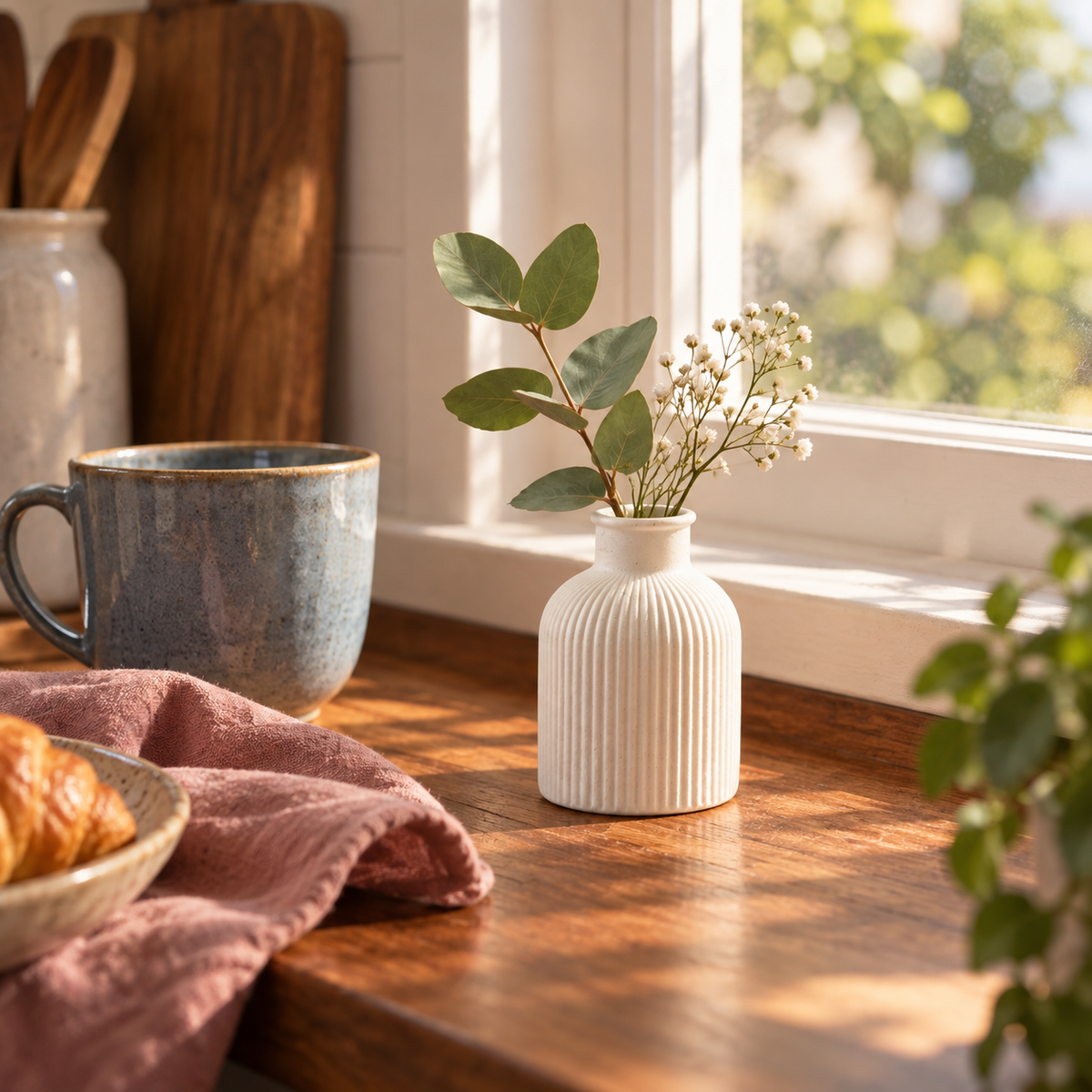 Small white ribbed gypsum vase with greenery in a warm sunlit breakfast nook.