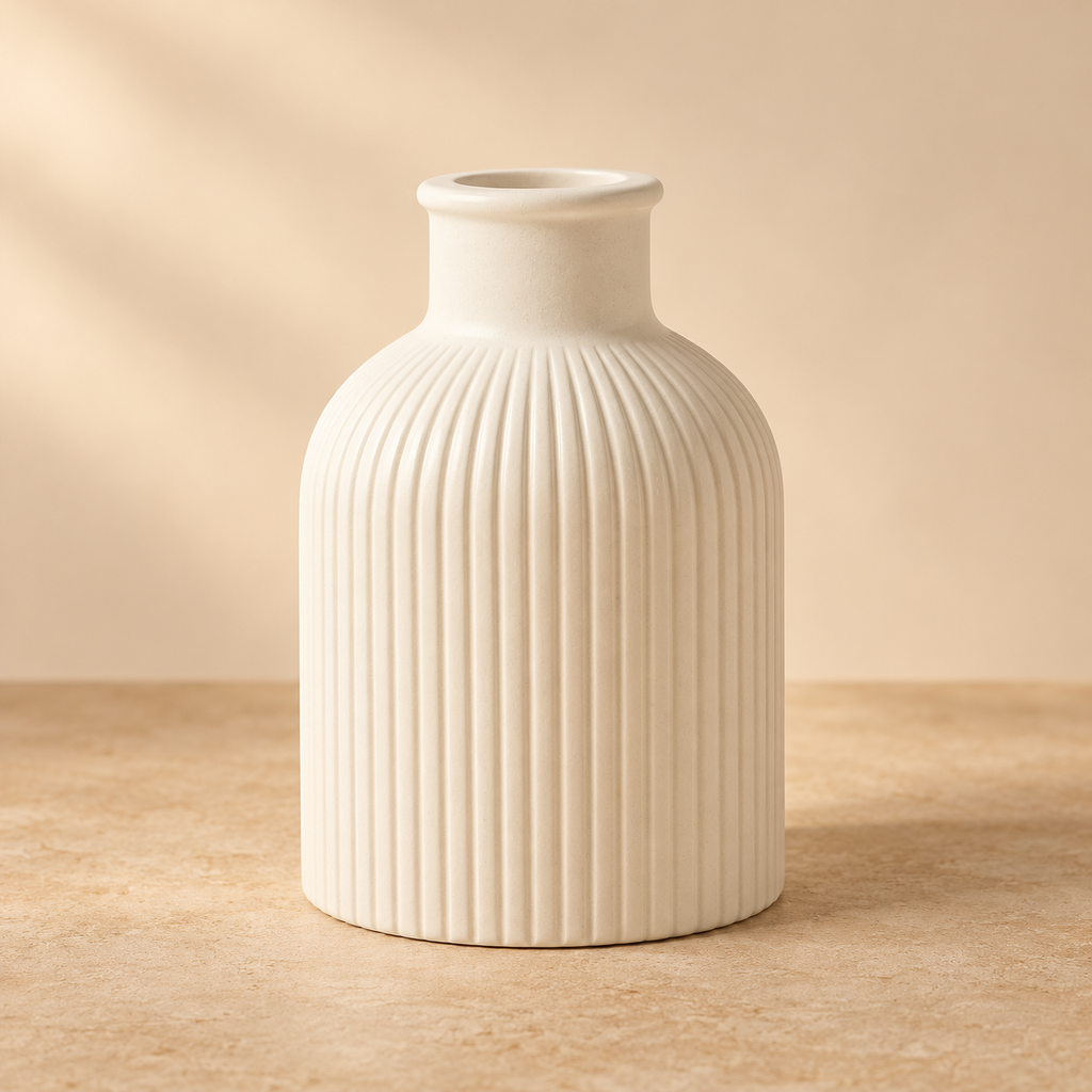 White ribbed gypsum bottle vase on a warm beige background